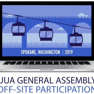 The General Assembly logo is displayed on a laptop screen, above the words "Off-site Participation"