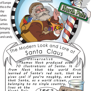 December sixth, The Modern Look and Lore of Santa Claus (1863). Universalist Thomas Nast produced over 70 illustrations of Santa. It is from Nast that the world first learned of Santa's red suit, that he gives coal if you're naughty....