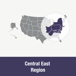 Central East Region: Connecticut (southern), Delaware, District of Columbia, Maryland, New Jersey, New York, Ohio (central and eastern), Pennsylvania, Virginia (northern), West Virginia