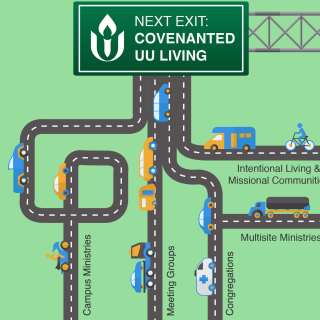 Several different roads with many types of vehicles all lead toward a sign that says "Next Exit: covenanted UU living."