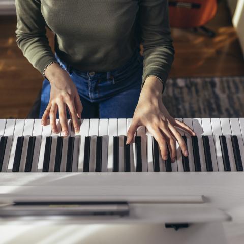 From above, a person with light brown skin, wearing jeans and an olive shirt, plays an electric keyboard.